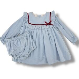 Edgehill Collection Blue Corduroy Dress Set Baby Girl Sz 12M Velvety Bow Bloomer